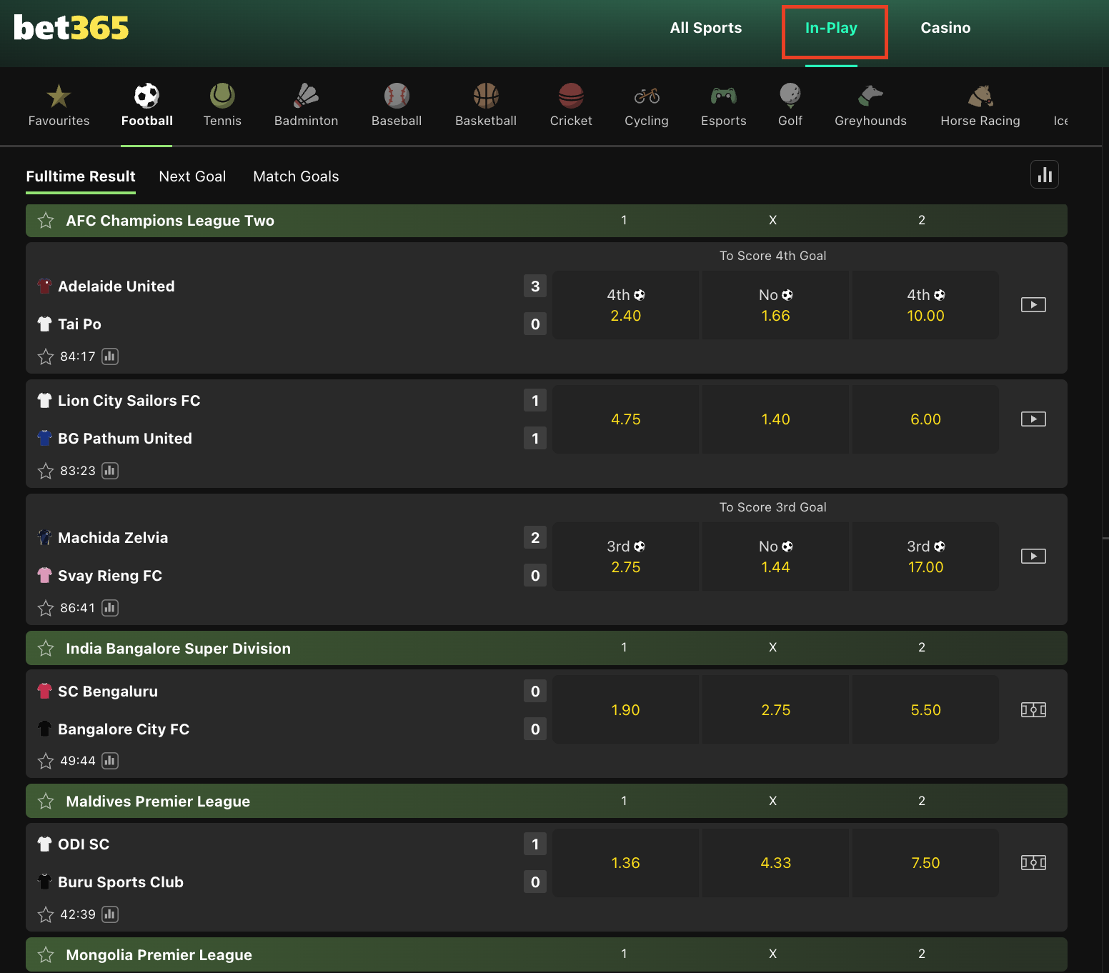 Bet365 in-play betting section